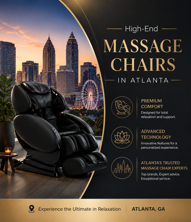 Customer experiencing a luxury Daiwa massage chair at The Modern Back's Atlanta showroom while exploring premium full-body massage features.