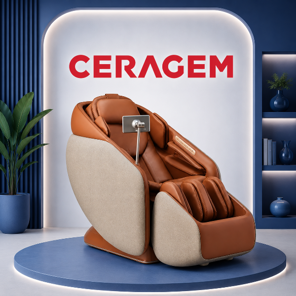 A Ceragem Pause M10 massage chair positioned in a minimalist living room setting, featured on a banner for high-quality massage chair brands.