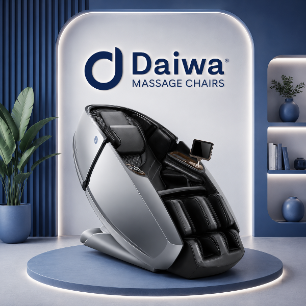 A Daiwa Supreme Hybrid X massage chair displayed on a brand banner highlighting high-quality massage chair design.