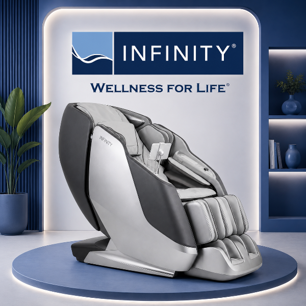 An Infinity Sensation DualFlex massage chair displayed on a brand banner highlighting high-quality massage chair features.