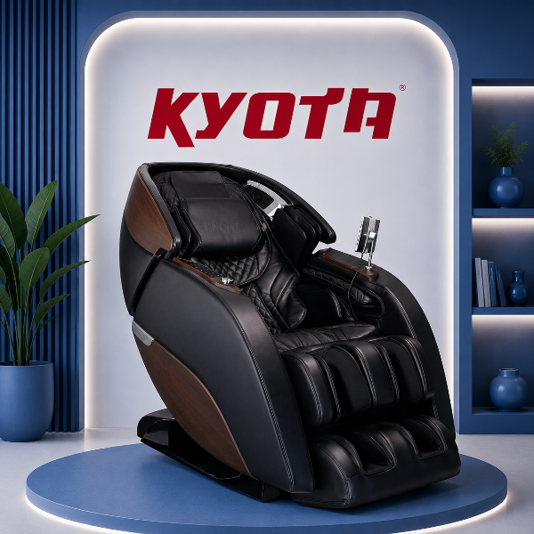 A Kyota Nokori M980 massage chair in a sleek, minimalist home setting, featured on a banner showcasing high-quality massage chair brands.