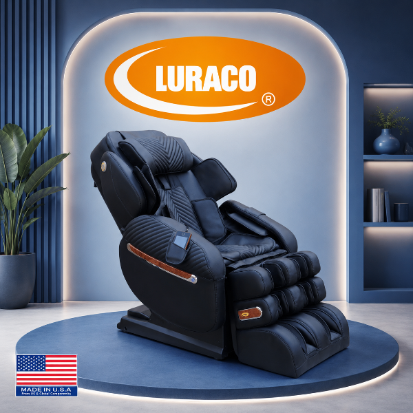 A Luraco i9 Max SE luxury massage chair featured on a brand banner showcasing high-quality massage chair engineering.