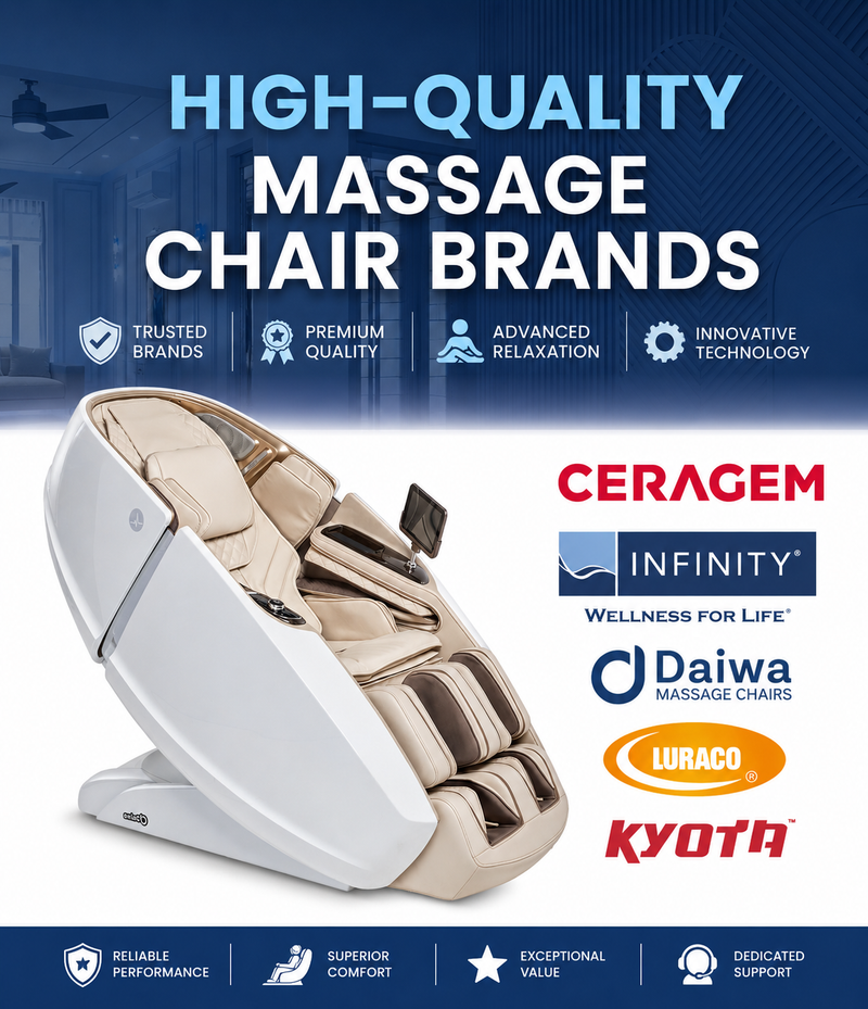 Massage chair with high-quality massage chair brands logos on a blue background