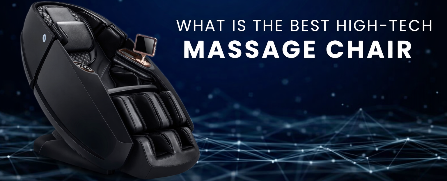 High-tech massage chair with a dark blue background and text asking about the best high-tech massage chair.
