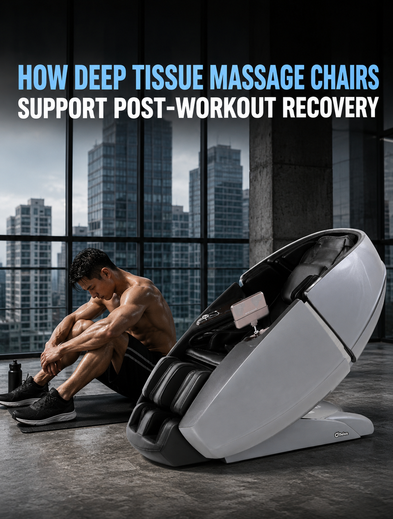 Athlete relaxing in a deep tissue massage chair after a workout to relieve muscle tension, improve flexibility, and support faster recovery and overall athletic performance.