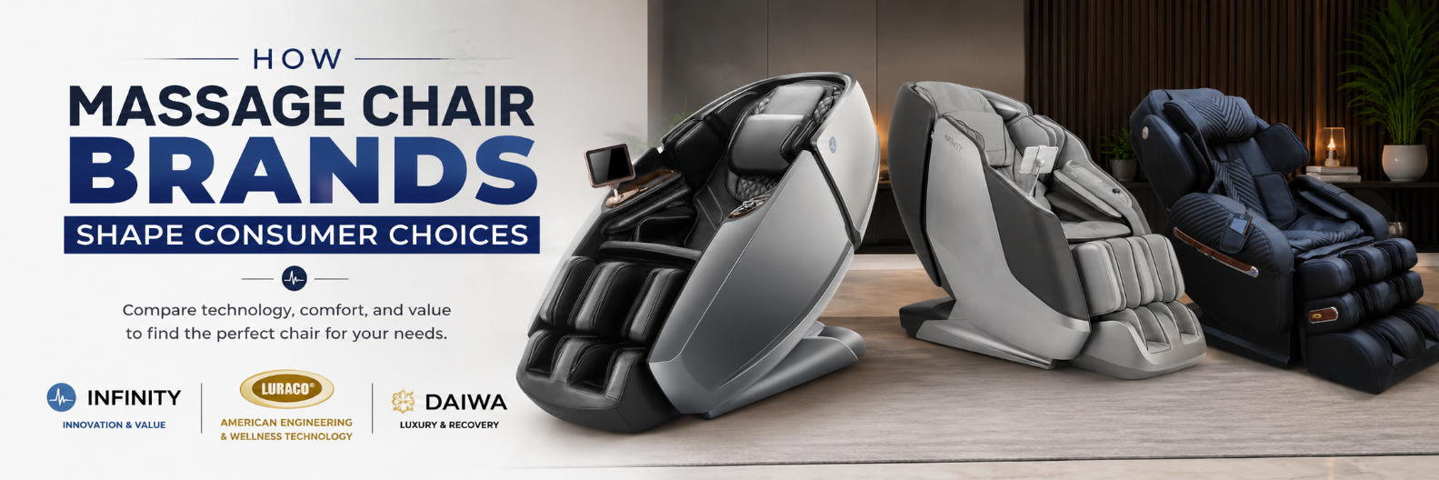 Infinity, Luraco, and Daiwa massage chairs featured in a banner about how massage chair brands shape consumer choices.