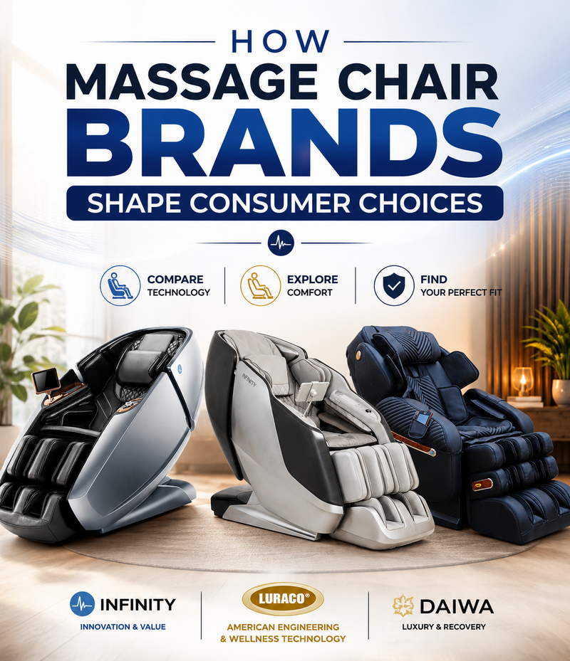 Featured Infinity, Luraco, and Daiwa massage chairs highlighting key differences between leading massage chair brands.