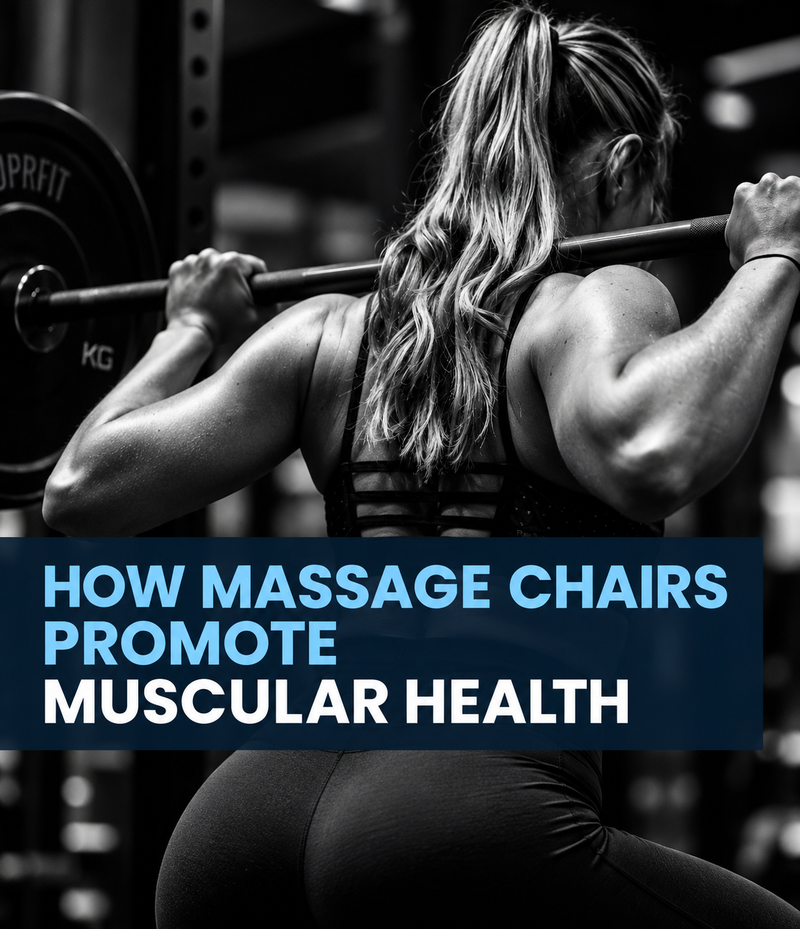 Woman strength training with a barbell highlighting how massage chairs promote muscular health.