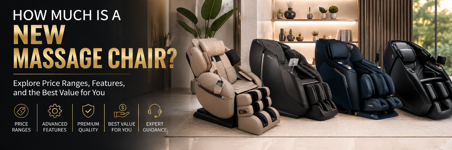Promotional banner for massage chairs showing four massage chairs in beige, black, and navy blue in a modern living room setting. The left side features text reading 'HOW MUCH IS A NEW MASSAGE CHAIR?' and feature icons.