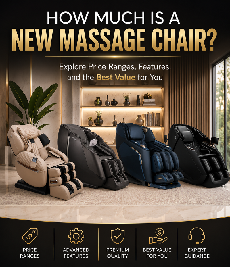 Promotional banner for massage chairs showing three models: a beige one on the left, a black one in the middle, and a navy blue one on the right, set in a modern living room interior. The top text reads 'HOW MUCH IS A NEW MASSAGE CHAIR?' and the bottom features feature icons on a black background.