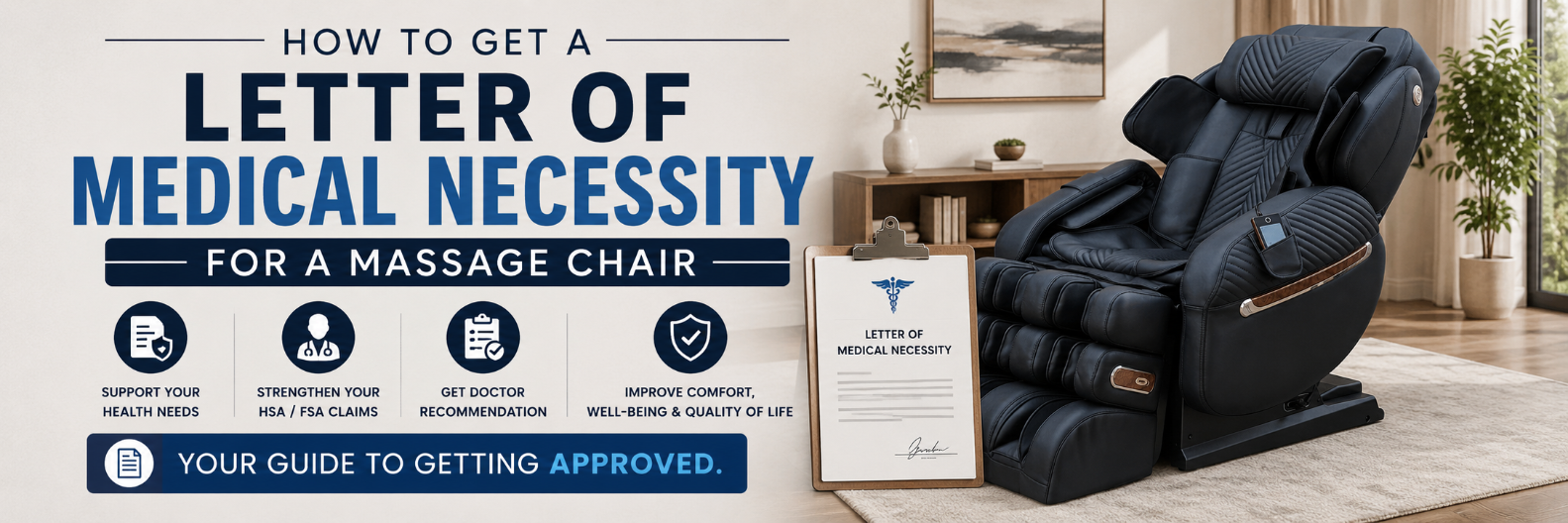 Luxury massage chair beside a letter of medical necessity form, illustrating how to obtain medical documentation for a massage chair purchase.