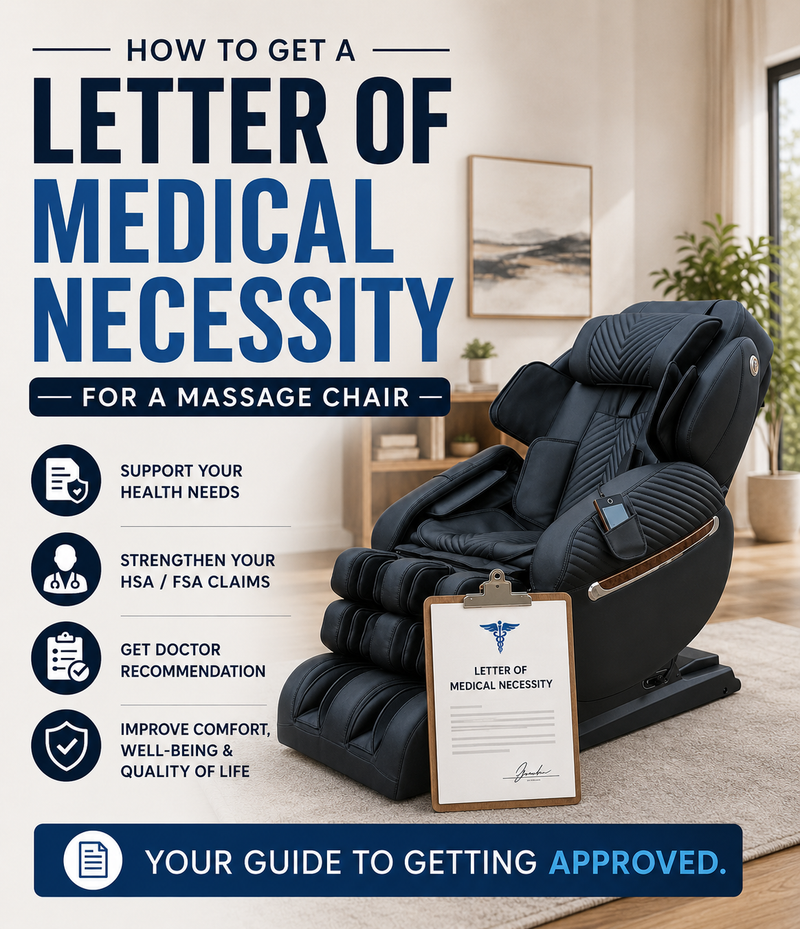 Premium massage chair and letter of medical necessity document highlighting the steps needed to support a medical massage chair purchase.