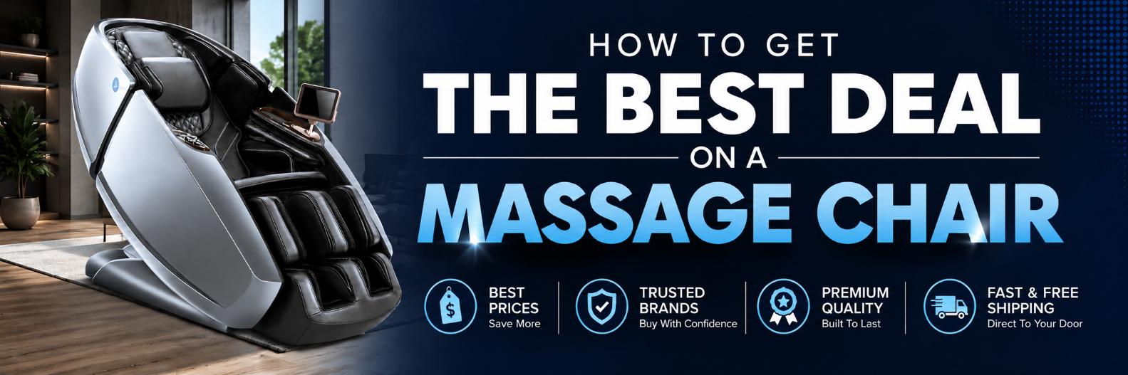 Promotional banner for a massage chair, showing a black and gray massage chair on the left and large text on the right reading 'HOW TO GET THE BEST DEAL ON A MASSAGE CHAIR' with feature icons below.