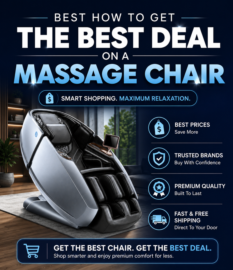 Promotional graphic for a massage chair featuring a large 3D rendering of a silver and black massage chair on a wooden floor, with marketing text and feature icons on a dark blue background.