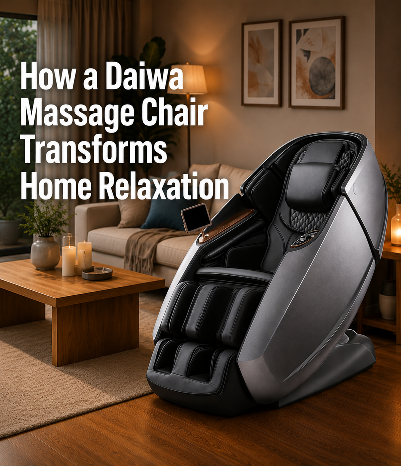 Daiwa massage chair providing full-body massage therapy at home, showcasing advanced wellness features that help relieve muscle tension, improve circulation, and create a relaxing home spa experience.