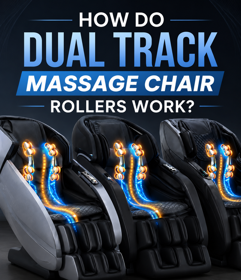 Dual-track massage chair rollers illustration showing how dual-track technology provides extended massage coverage from the neck, back, and glutes.
