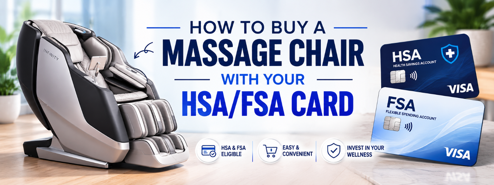 Luxury massage chair displayed alongside HSA and FSA Visa cards with information about purchasing a massage chair using healthcare spending account funds.