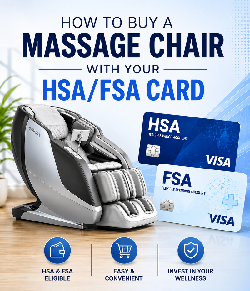 Mobile infographic featuring a luxury massage chair, HSA and FSA Visa cards, and information about buying a massage chair with healthcare spending account funds.