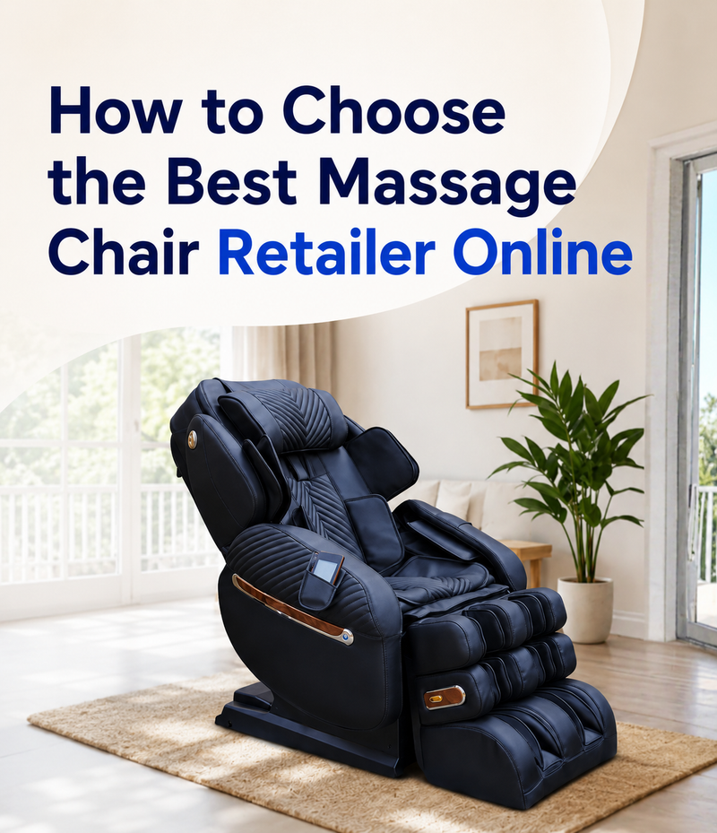 Mobile banner for “How to Choose the Best Massage Chair Retailer Online” featuring a luxury massage chair in a bright modern home setting