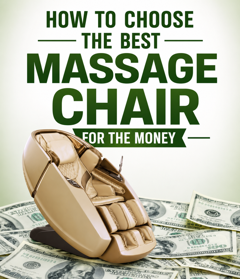 A beige leather massage chair displayed on top of scattered U.S.