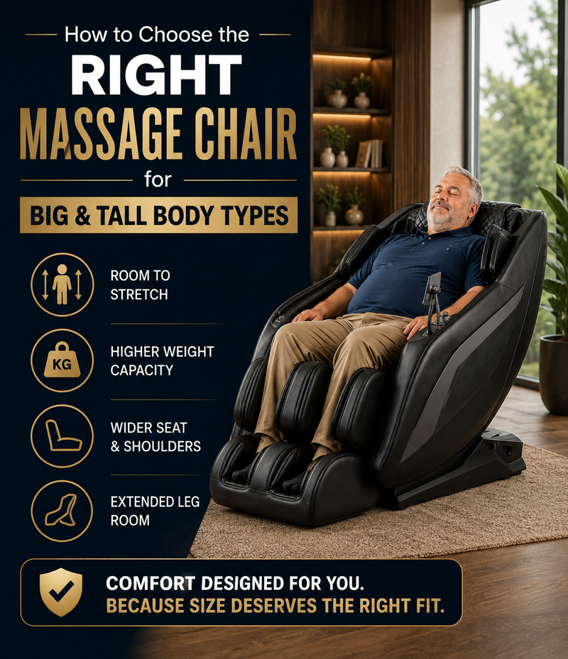 Compare big and tall massage chairs designed with wider seats, greater height ranges, adjustable footrests, and features that accommodate larger users.