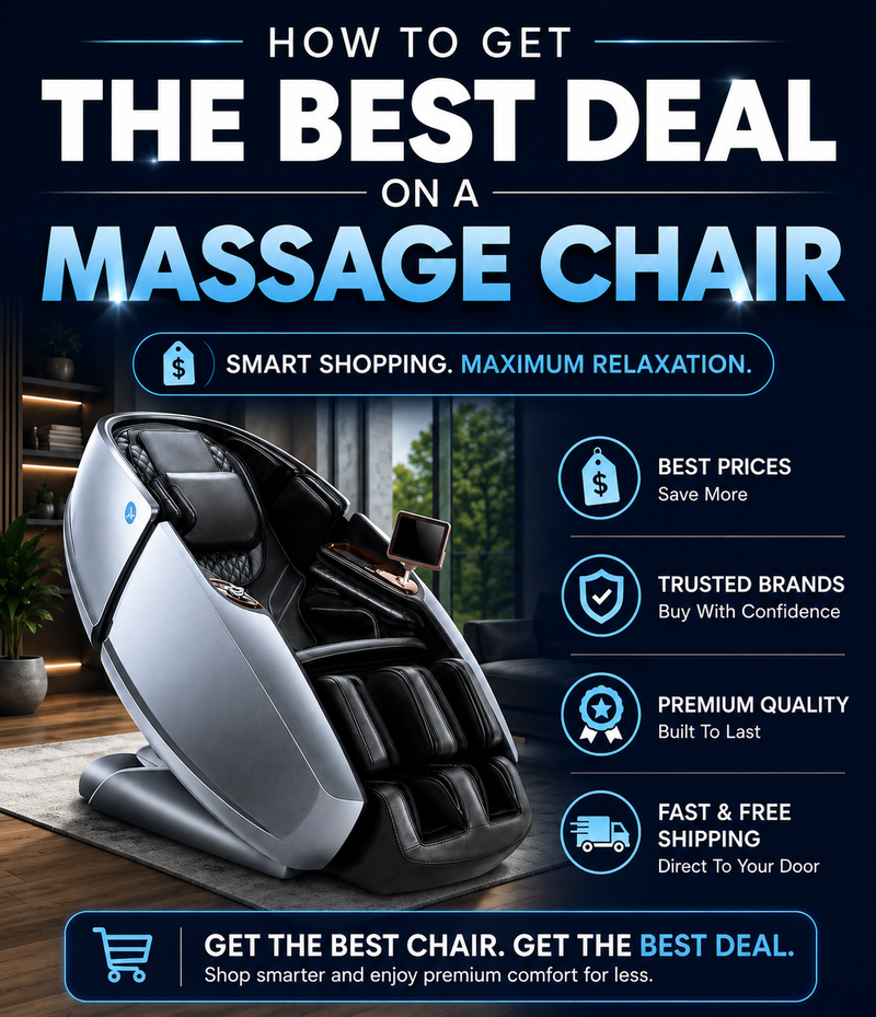 Promotional graphic for a massage chair showing a black and silver model angled in a home interior setting, with large marketing text and feature callouts including 'Smart Shopping. Maximum Relaxation.