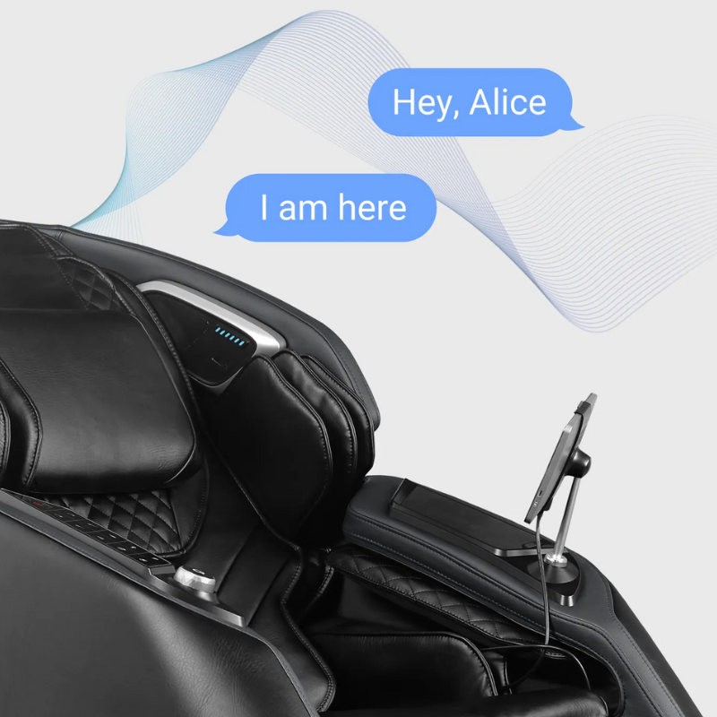 User activating the Osaki Trion Flex Duo's smart voice control, issuing hands-free commands to adjust massage settings for a personalized relaxation experience.