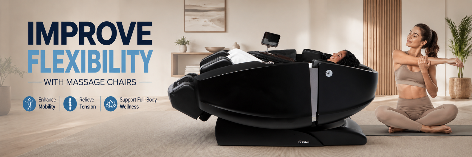 Daiwa Supreme Hybrid X massage chair performing a HybriFlex™ stretch in a modern wellness room while a woman stretches nearby to promote flexibility, mobility, and full-body wellness.