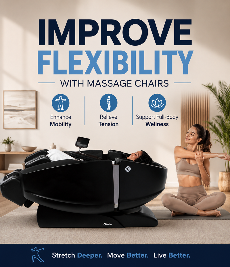 Woman enjoying a HybriFlex™ stretch in the Daiwa Supreme Hybrid X massage chair alongside another woman stretching in a minimalist wellness studio to improve flexibility and mobility.