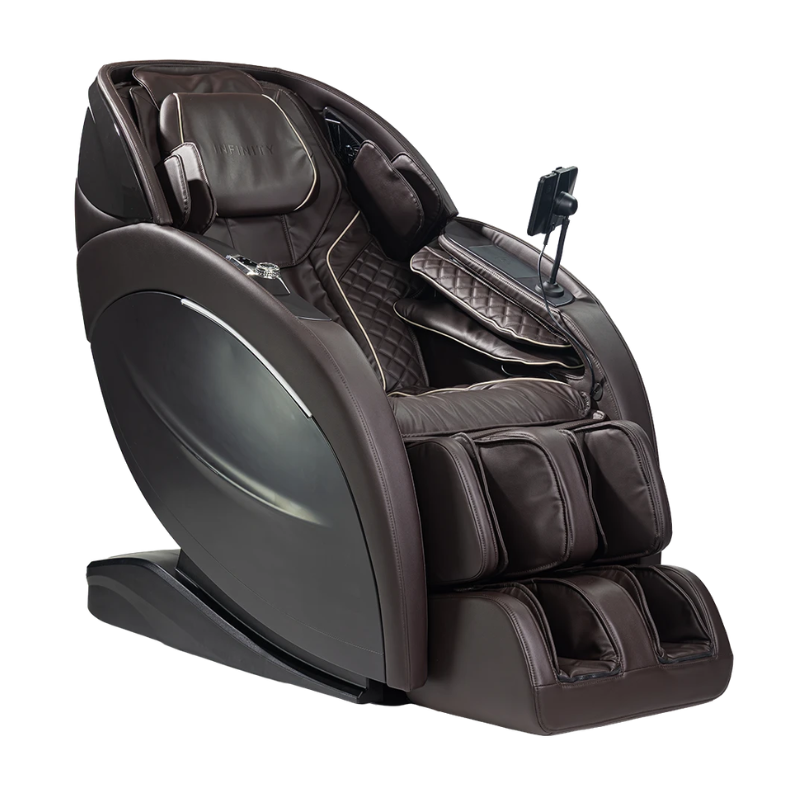 Infinity Aura Elite Costco Roadshow massage chair with brown leather finish on a white background.
