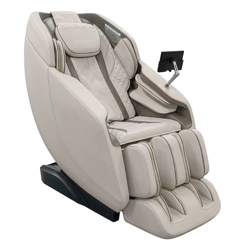 Beige Infinity Celebrity Elite 4D massage chair angled view highlighting luxurious contours and cushioning.