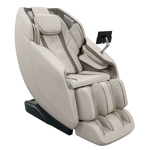 Beige Infinity Celebrity Elite 4D massage chair angled view highlighting luxurious contours and cushioning.