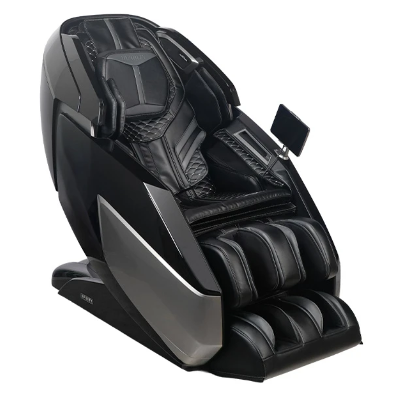 Black Infinity Circadian 4D DualFlex massage chair in upright position, showing plush upholstery, full-body recline, integrated foot and calf massage section, and sleek armrest control panel.