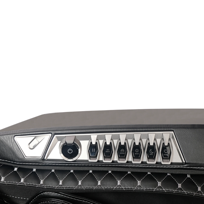Close-up of the black Infinity Circadian 4D DualFlex Massage Chair’s quick access control panel, featuring intuitive buttons for on-demand adjustments without reaching for the main remote.