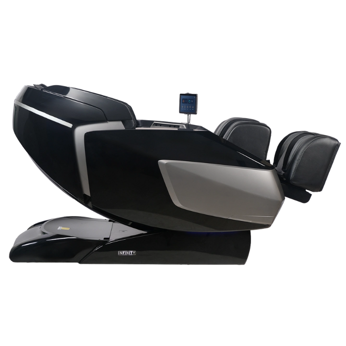 Side view of the black Infinity Circadian 4D DualFlex Massage Chair in zero-gravity recline, showcasing its sleek design, advanced 4D massage technology, and space-saving Zero Wall Fit™ feature.