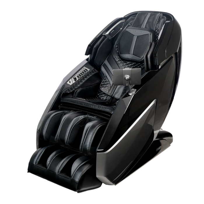 Front view of the black Infinity Circadian 4D DualFlex Massage Chair, showcasing its sleek design, advanced 4D massage technology, and intuitive touchscreen tablet remote.