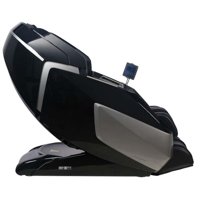 Side view of the black Infinity Circadian 4D DualFlex Massage Chair, highlighting its sleek design, advanced 4D massage technology, and intuitive touchscreen tablet remote.