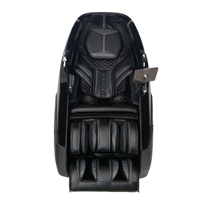 Front view of the black Infinity Circadian 4D DualFlex Massage Chair, featuring a sleek design, advanced 4D massage technology, and an intuitive touchscreen tablet remote.