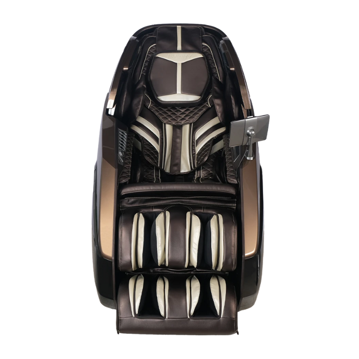 Front view of the brown Infinity Circadian 4D DualFlex Massage Chair, showcasing its elegant design, advanced 4D massage technology, and intuitive touchscreen tablet remote.