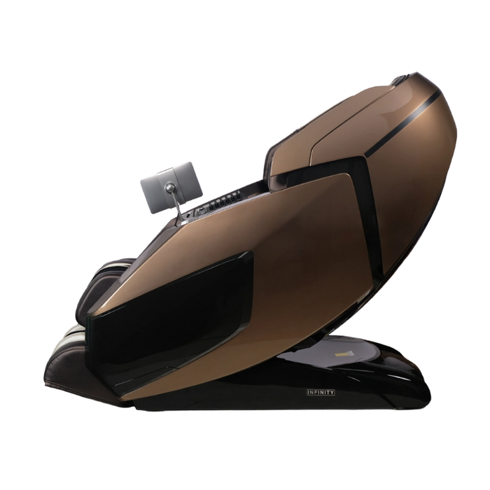 Side view of the brown Infinity Circadian 4D DualFlex Massage Chair, featuring a sleek design, advanced 4D massage technology, and an intuitive touchscreen tablet remote.