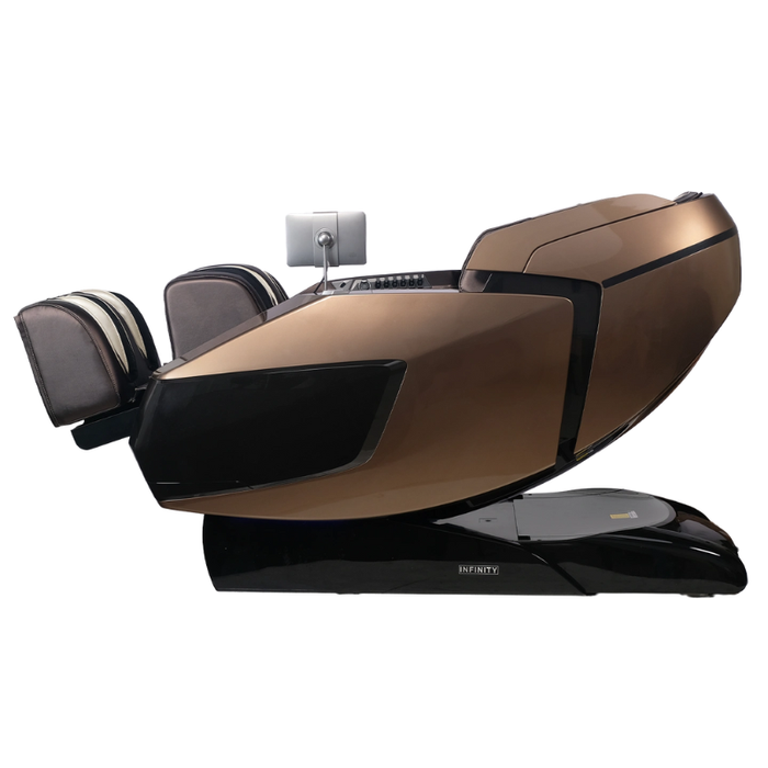 Side view of the brown Infinity Circadian 4D DualFlex Massage Chair in deep zero gravity recline, showcasing its sleek design, advanced 4D massage technology, and space-saving Zero Wall Fit™ feature.