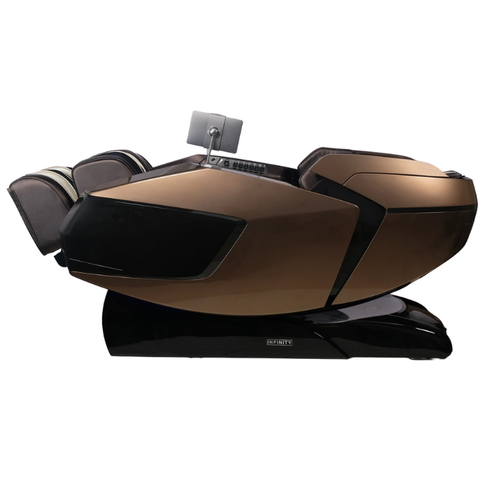 Side view of the brown Infinity Circadian 4D DualFlex Massage Chair in deep zero gravity recline, highlighting its sleek design, advanced 4D massage technology, and space-saving Zero Wall Fit™ feature.