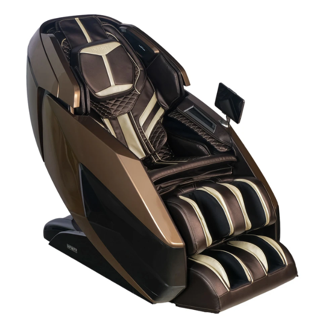 Front view of the brown Infinity Circadian 4D DualFlex Massage Chair, showcasing its elegant design, advanced 4D massage technology, and intuitive touchscreen tablet remote.