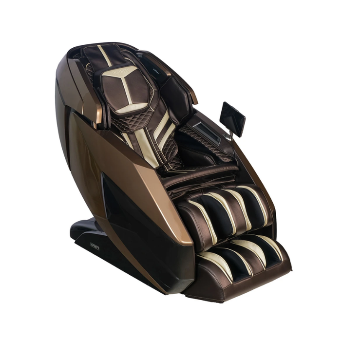 Front view of the brown Infinity Circadian 4D DualFlex Massage Chair, showcasing its elegant design, advanced 4D massage technology, and intuitive touchscreen tablet remote.