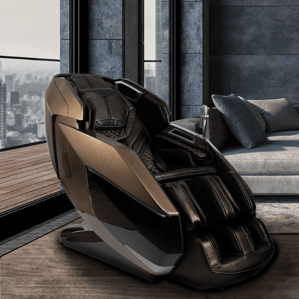 Infinity Circadian 4D DualFlex Massage Chair in sleek black positioned in a modern living room with ambient lighting and stylish décor.