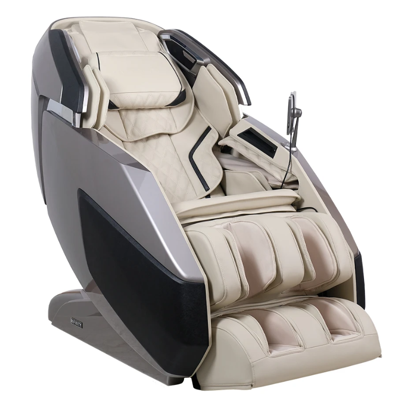 Infinity Imperial Syner-D massage chair in gray and tan with dual 4D rollers and luxury full-body design on sale this Mother's Day.