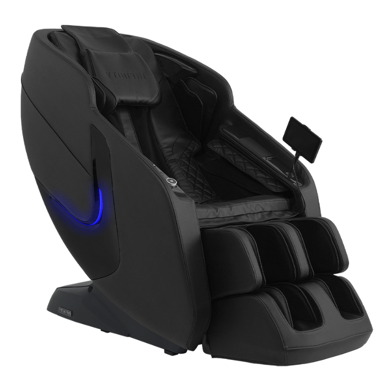Black Infinity Solstice Deluxe full-body L-track massage chair with dual foot rollers and touchscreen tablet control.