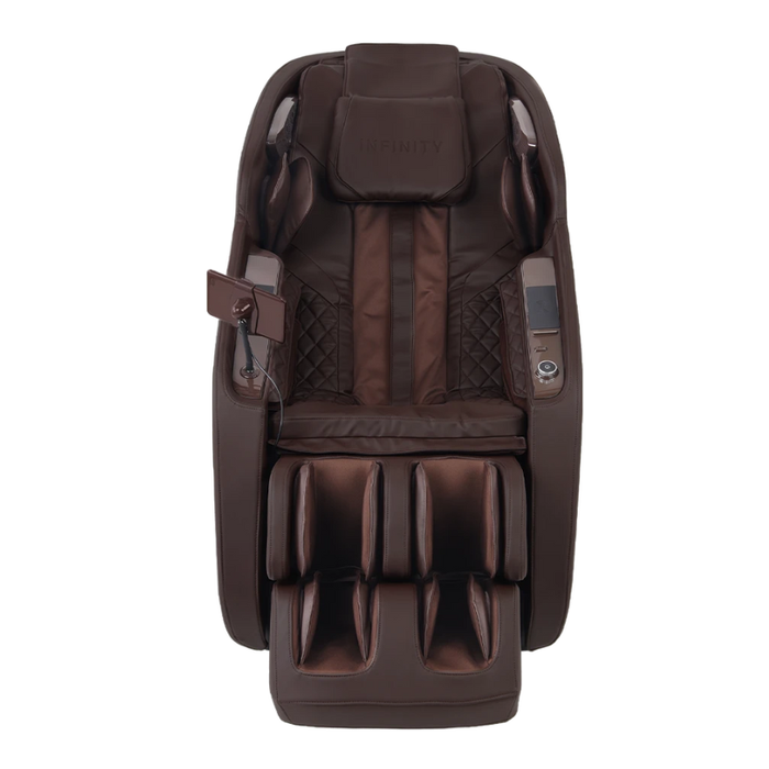 Front view of brown Infinity Solstice Deluxe Massage Chair featuring sleek armrests, extended footrest, and intuitive touchscreen tablet control.