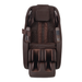 Front view of brown Infinity Solstice Deluxe Massage Chair featuring sleek armrests, extended footrest, and intuitive touchscreen tablet control.