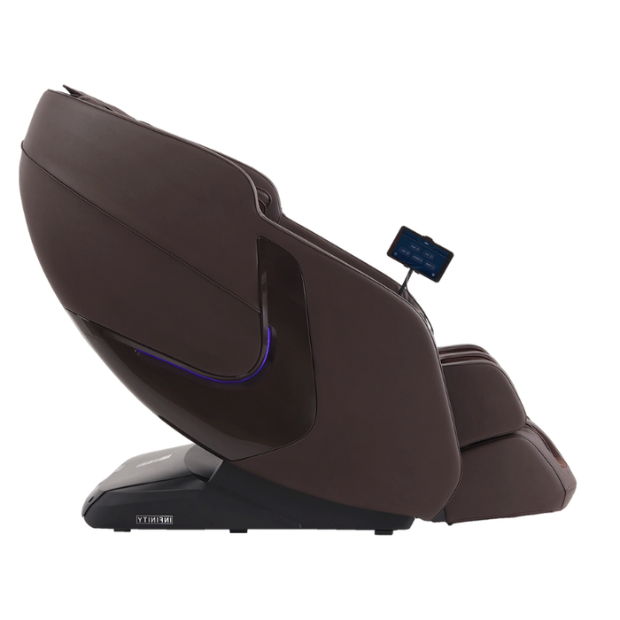 Side view of brown Infinity Solstice Deluxe Massage Chair, showcasing L-track design, extended footrest, and sleek armrest controls.
